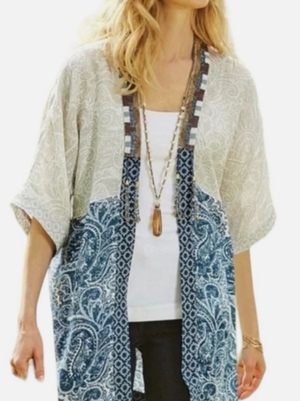 Soft Surroundings “Still Waters” linen kimono topper with beads Sz S/M